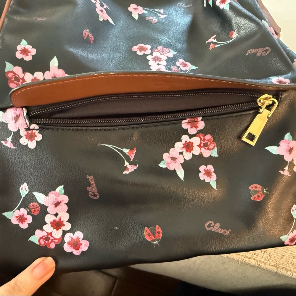 Cluci Small Floral  and Ladybug Black and Brown Backpack 12x10 - Picture 12 of 16